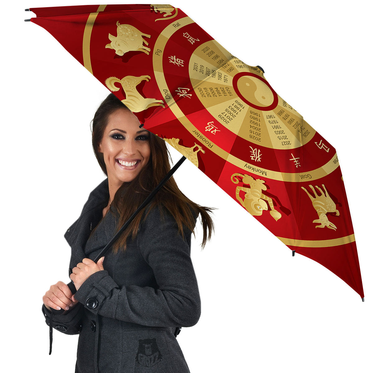 Zodiac Wheel Red Chinese Print Umbrella-grizzshop