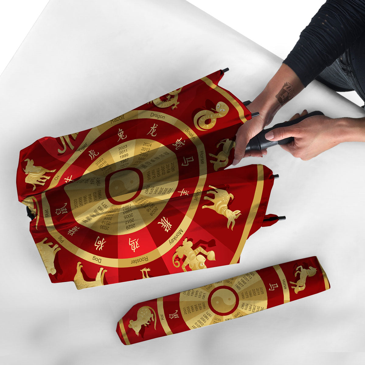 Zodiac Wheel Red Chinese Print Umbrella-grizzshop