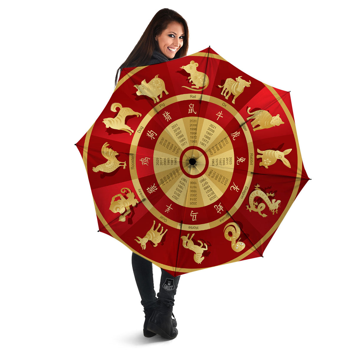 Zodiac Wheel Red Chinese Print Umbrella-grizzshop