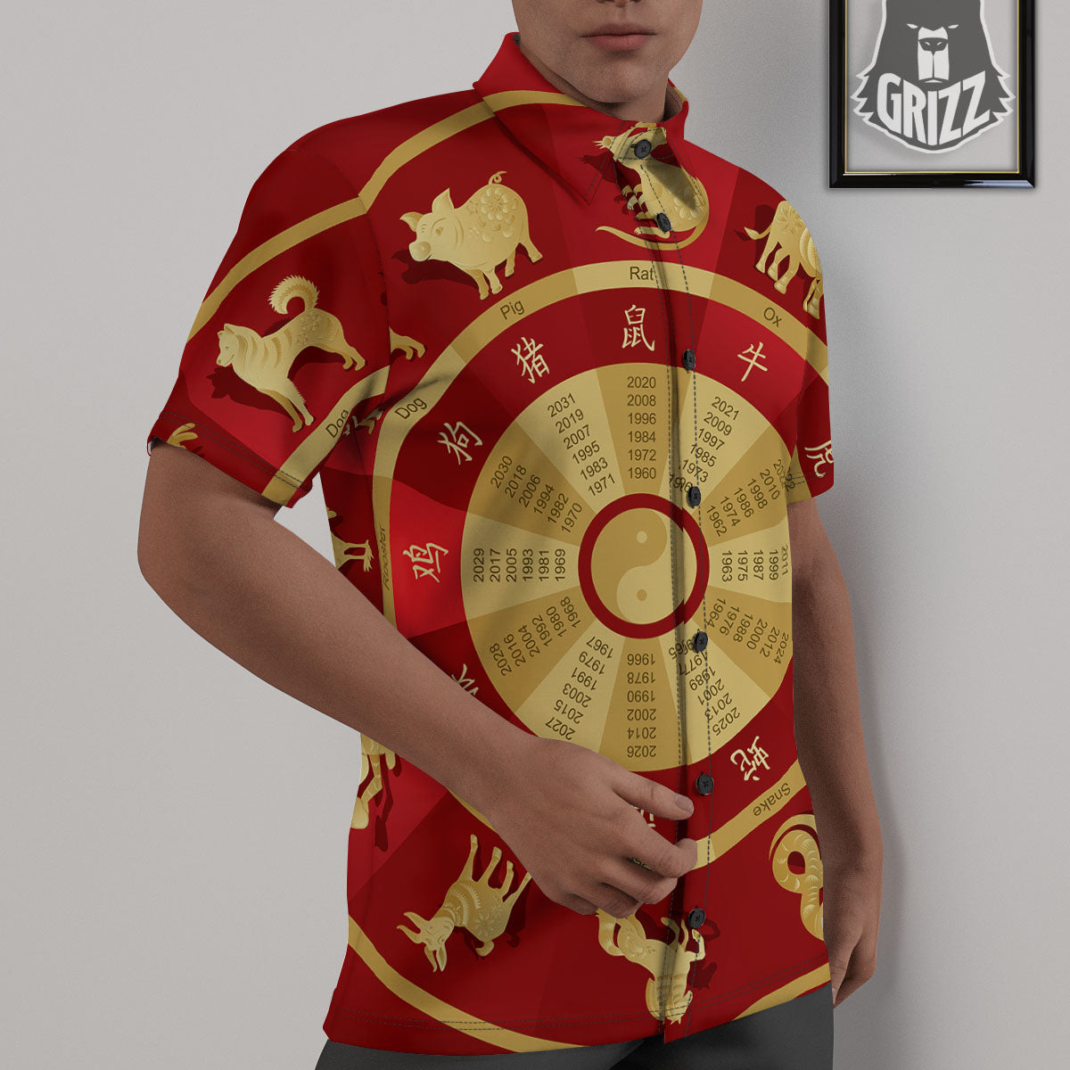 Zodiac Wheel Red Chinese Print Untucked Shirts-grizzshop