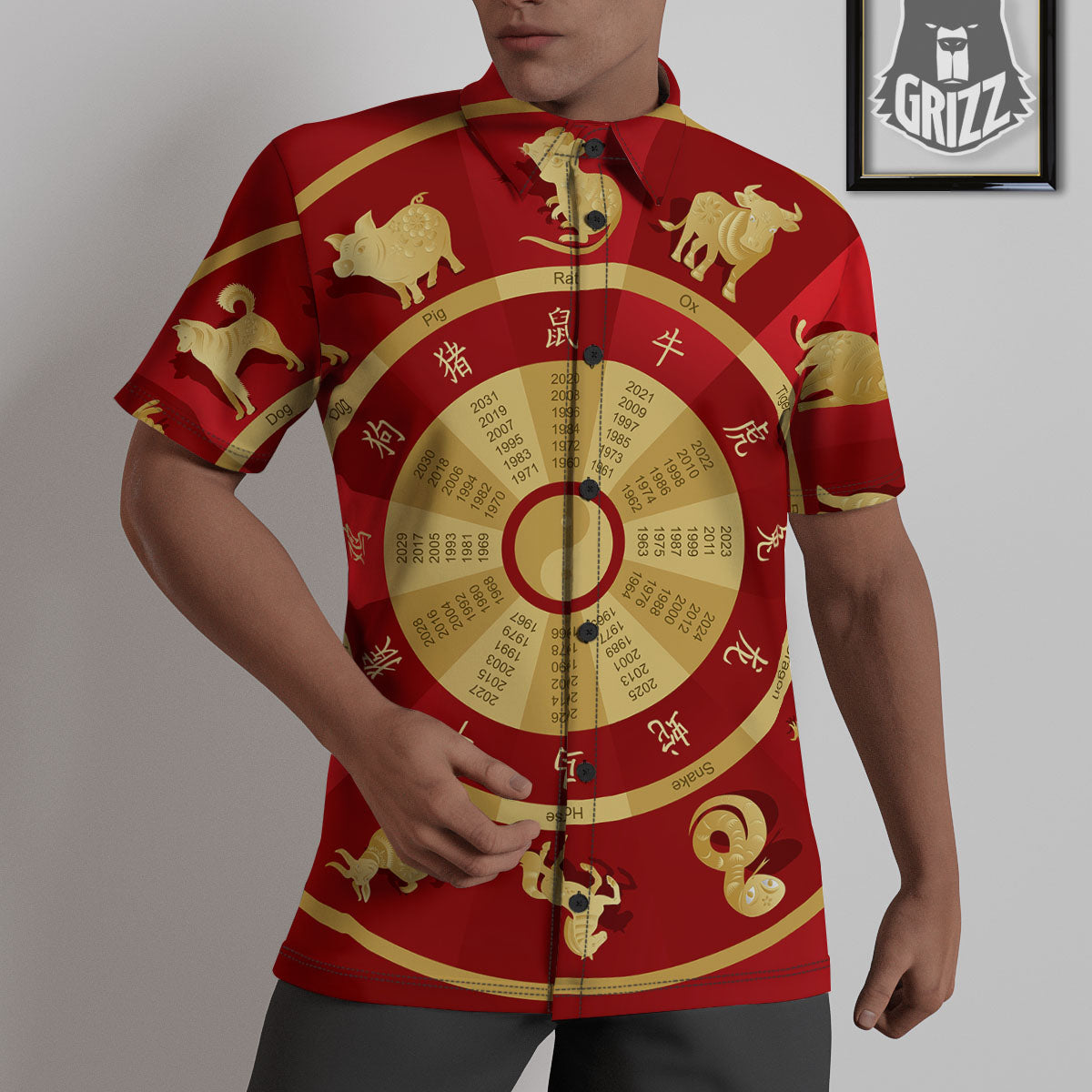 Zodiac Wheel Red Chinese Print Untucked Shirts-grizzshop