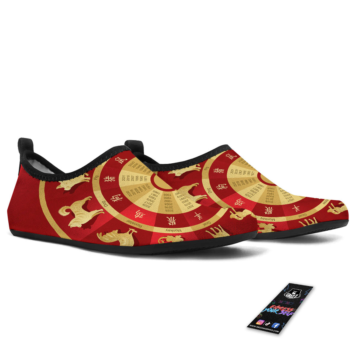 Zodiac Wheel Red Chinese Print Water Shoes-grizzshop