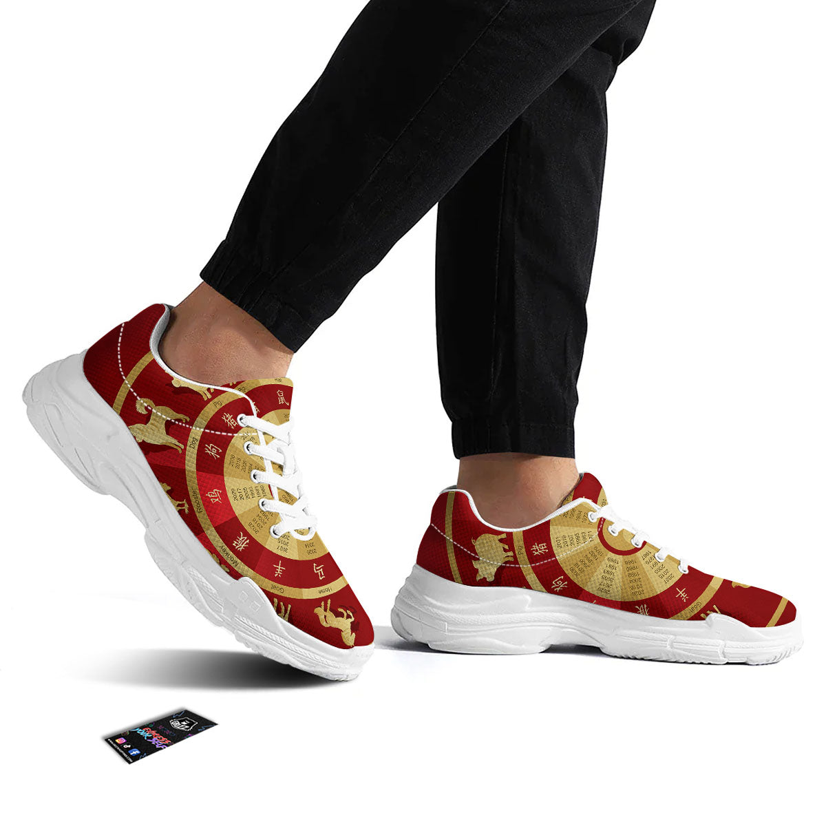 Zodiac Wheel Red Chinese Print White Chunky Shoes-grizzshop