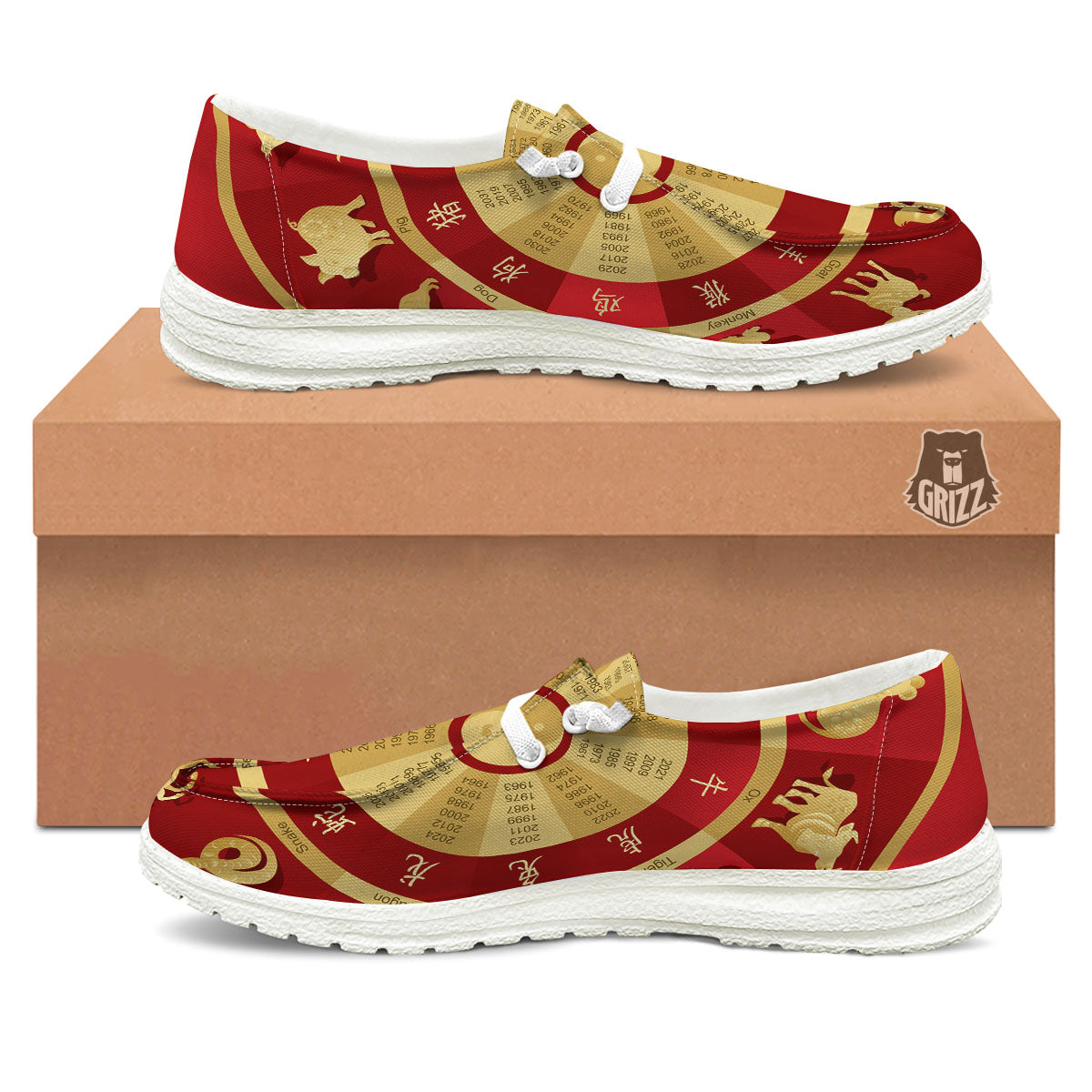 Zodiac Wheel Red Chinese Print White Loafers-grizzshop