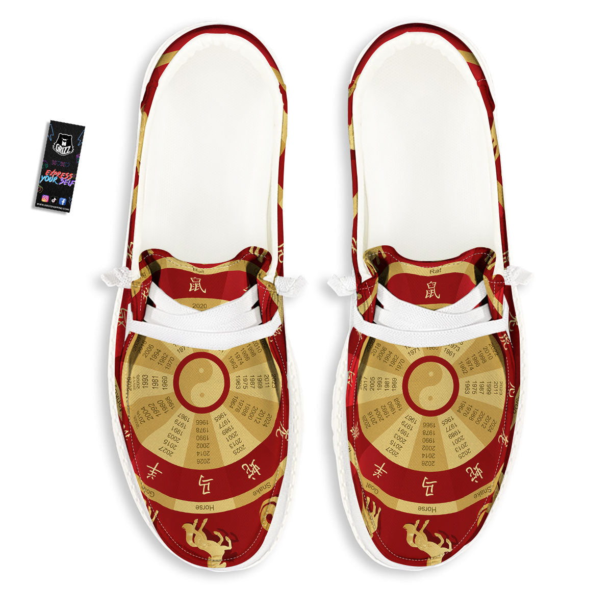 Zodiac Wheel Red Chinese Print White Loafers-grizzshop
