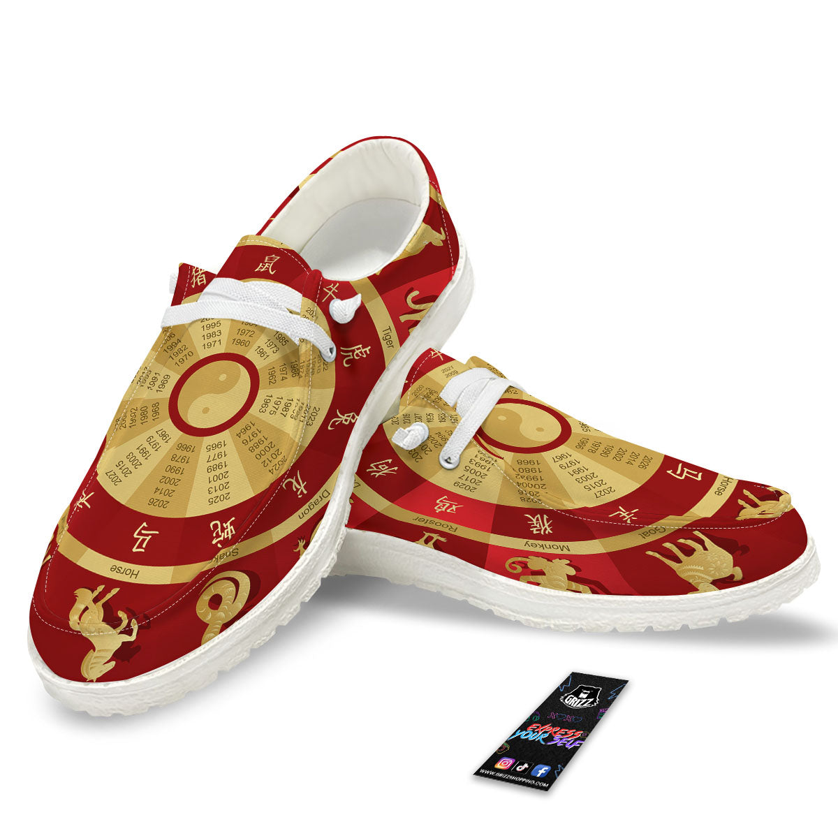 Zodiac Wheel Red Chinese Print White Loafers-grizzshop