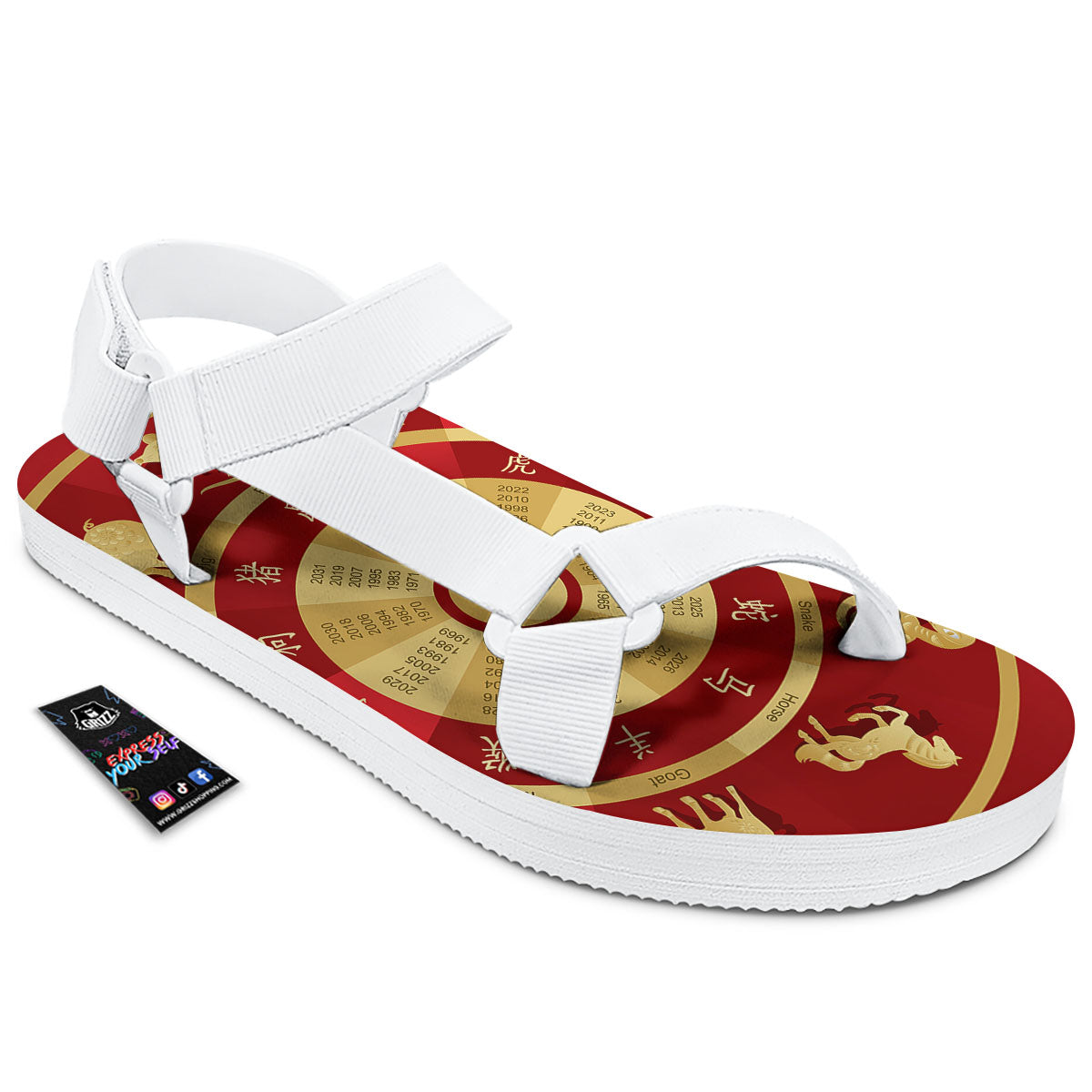 Zodiac Wheel Red Chinese Print White Open Toe Sandals-grizzshop