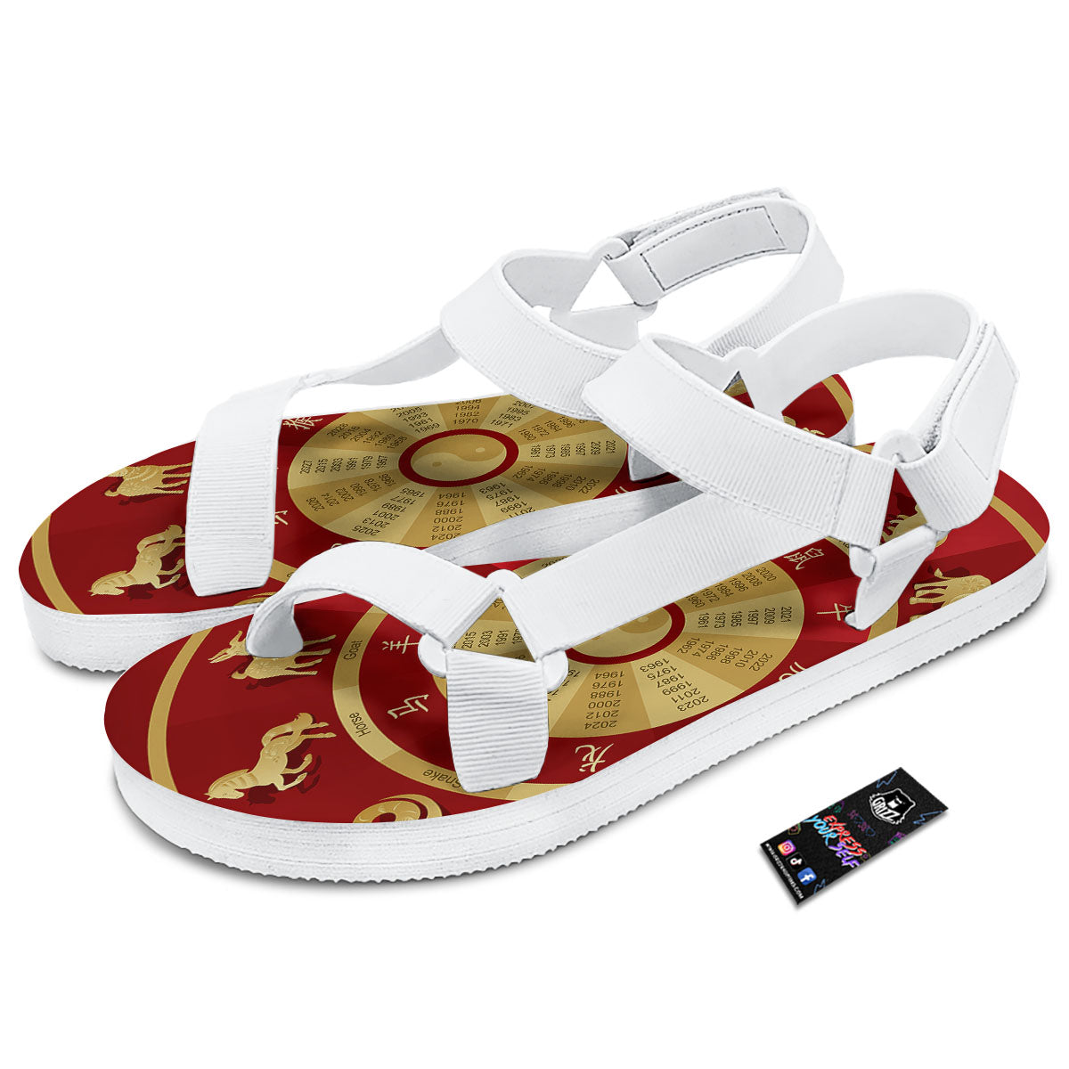 Zodiac Wheel Red Chinese Print White Open Toe Sandals-grizzshop