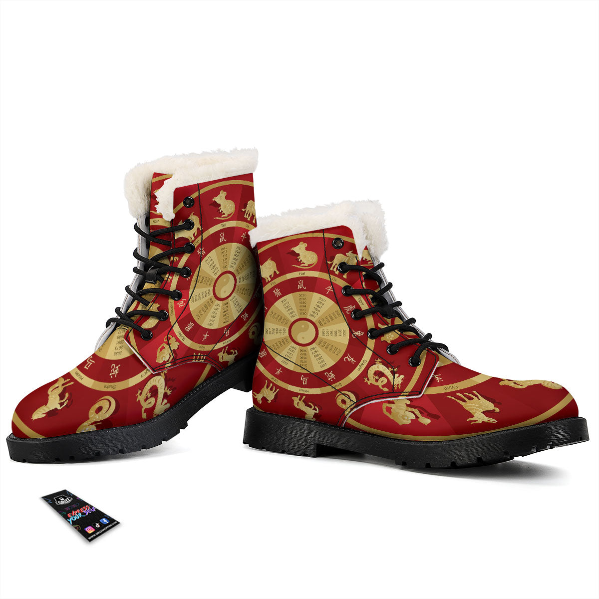 Zodiac Wheel Red Chinese Print Winter Boots-grizzshop