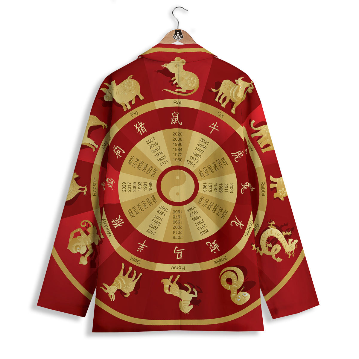 Zodiac Wheel Red Chinese Print Women's Blazer-grizzshop