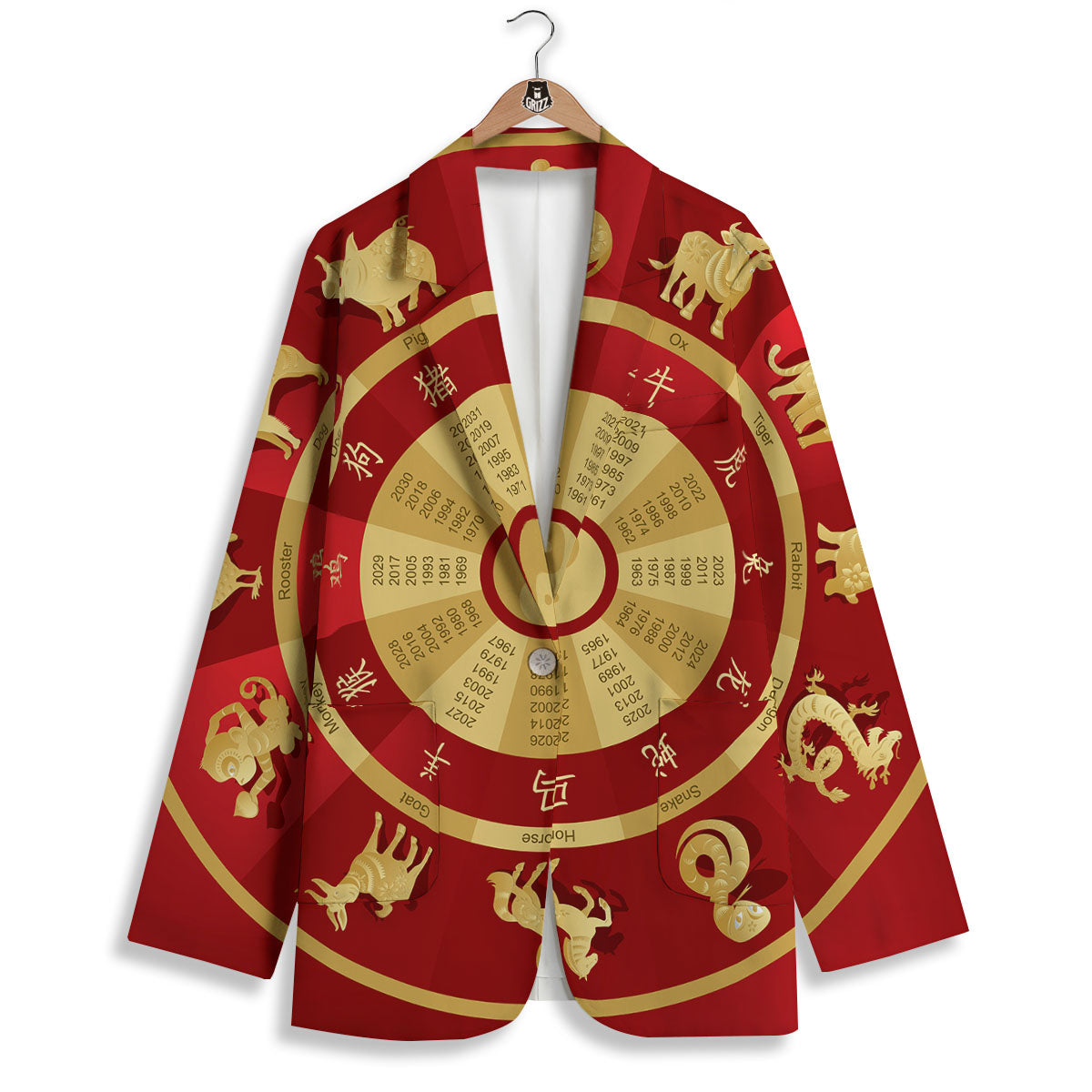 Zodiac Wheel Red Chinese Print Women's Blazer-grizzshop
