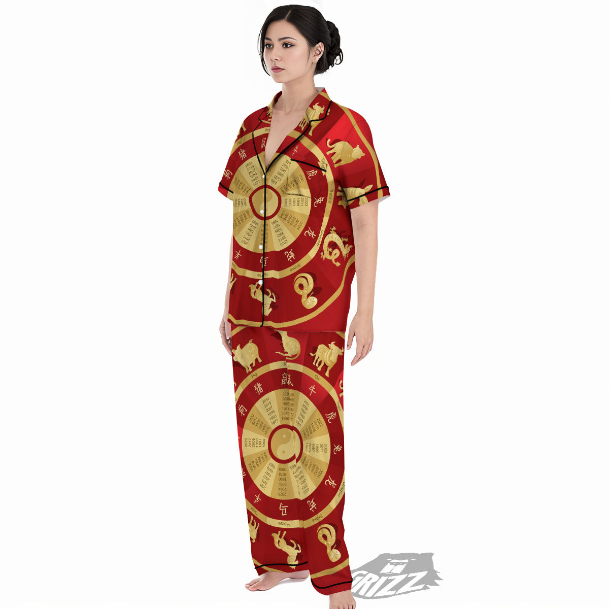 Zodiac Wheel Red Chinese Print Women's Pajamas Set-grizzshop