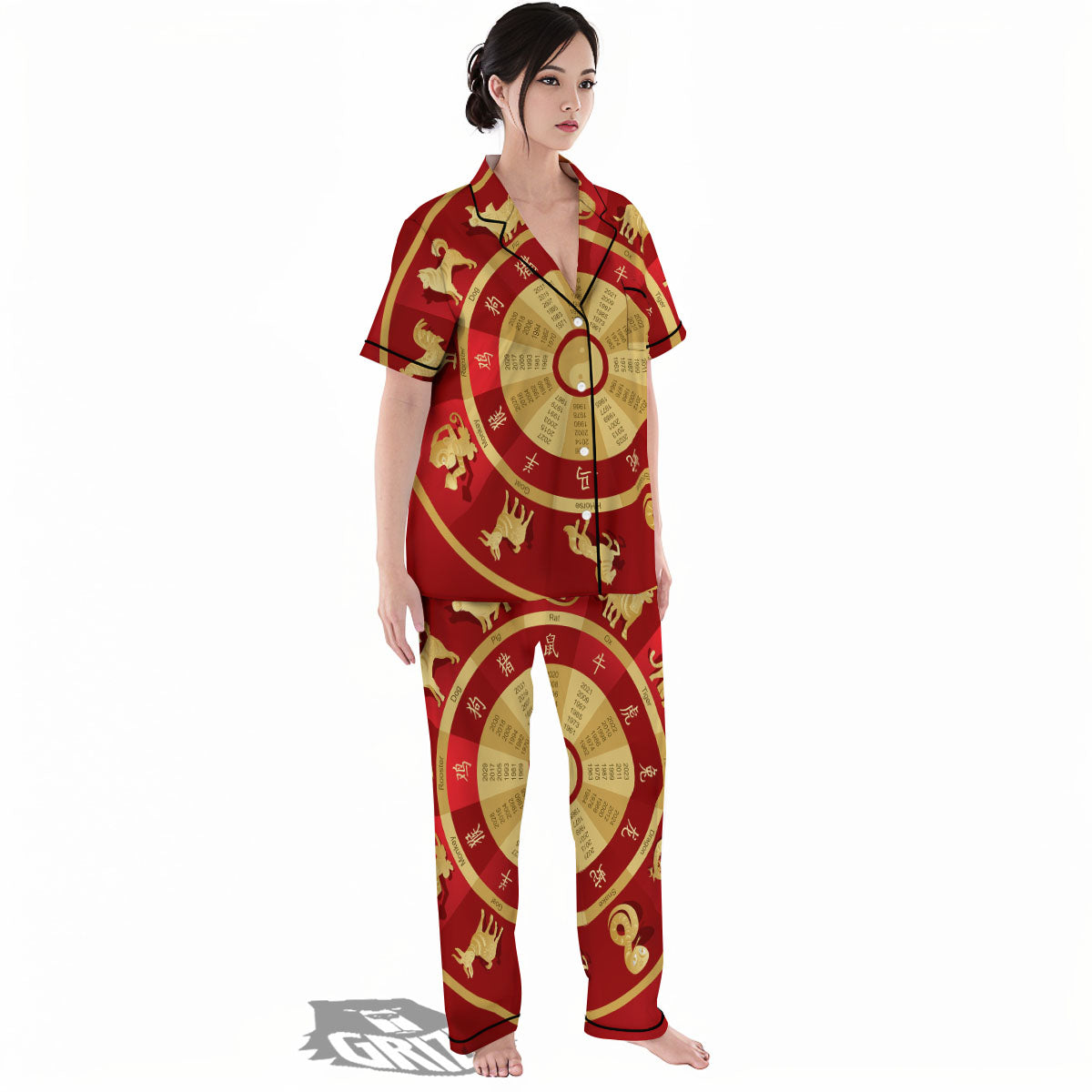 Zodiac Wheel Red Chinese Print Women's Pajamas Set-grizzshop
