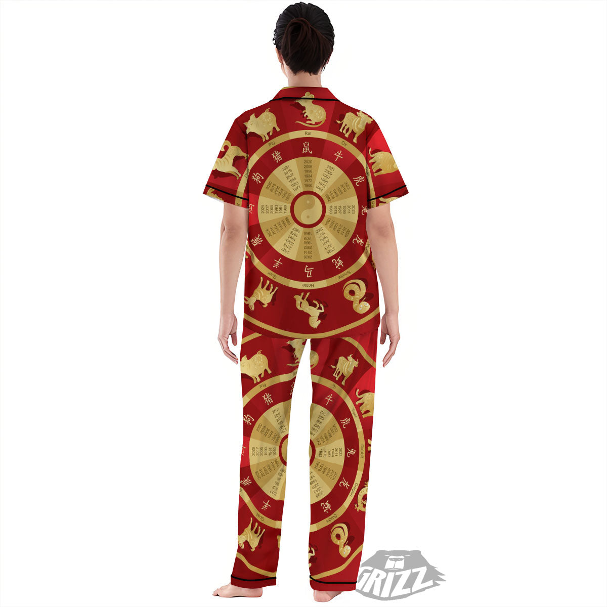 Zodiac Wheel Red Chinese Print Women's Pajamas Set-grizzshop