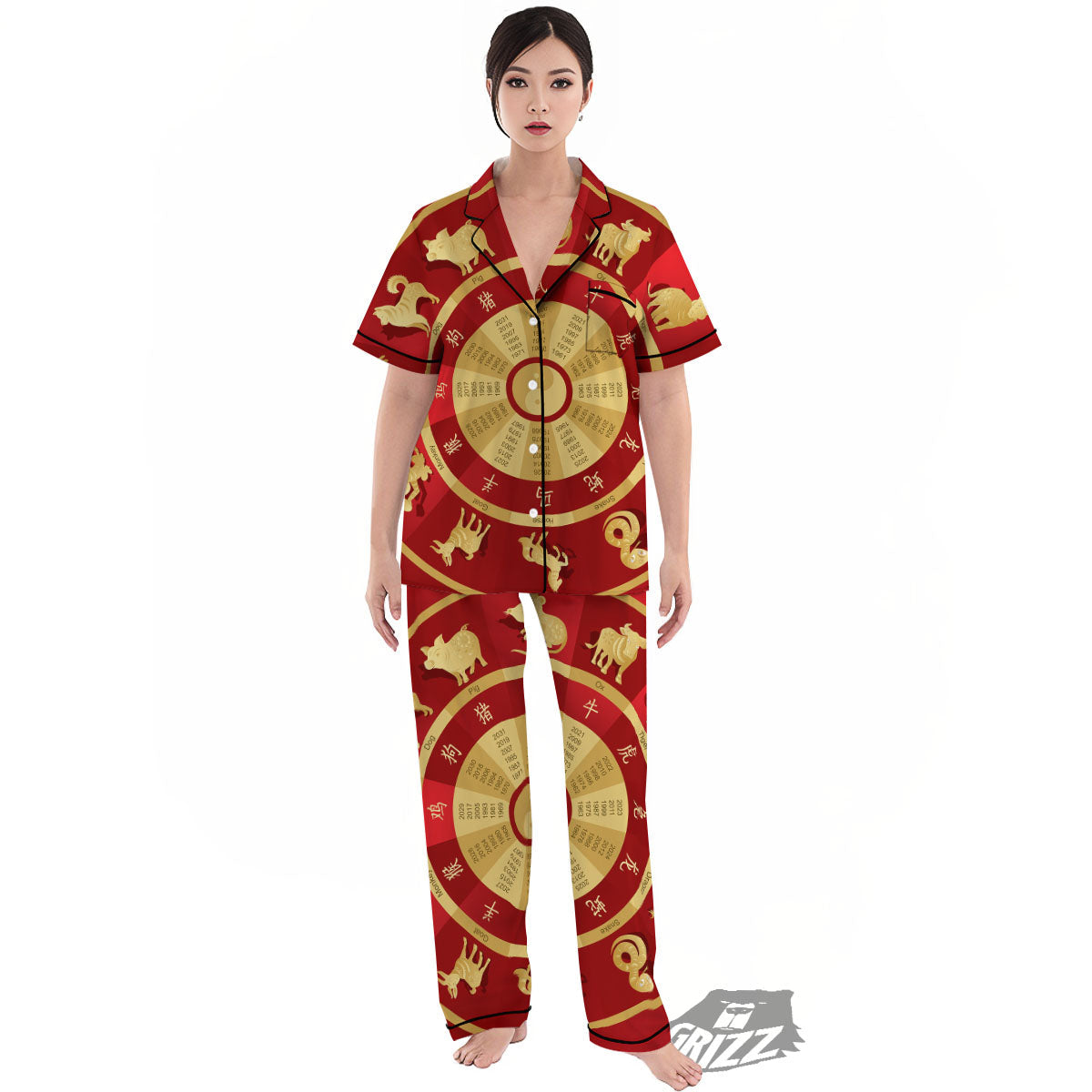 Zodiac Wheel Red Chinese Print Women's Pajamas Set-grizzshop