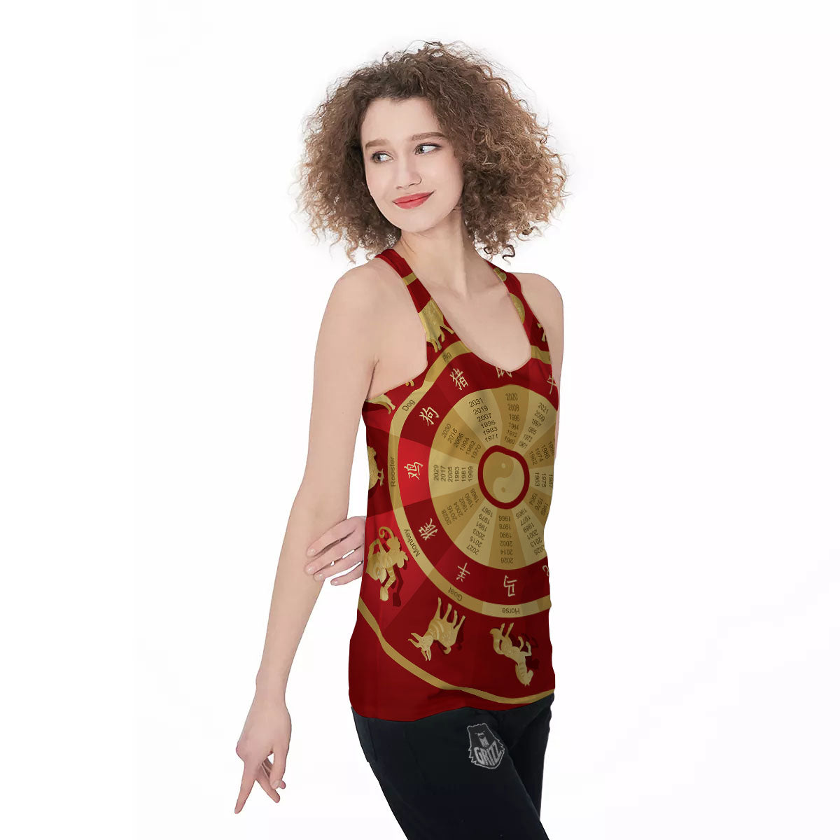 Zodiac Wheel Red Chinese Print Women's Racerback Tank Top-grizzshop