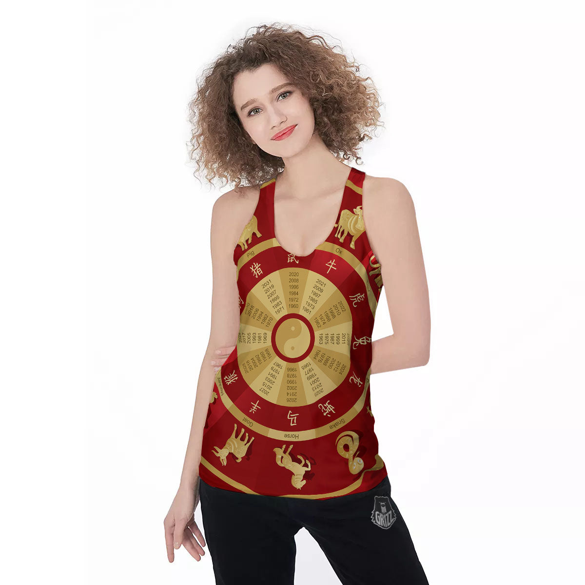 Zodiac Wheel Red Chinese Print Women's Racerback Tank Top-grizzshop