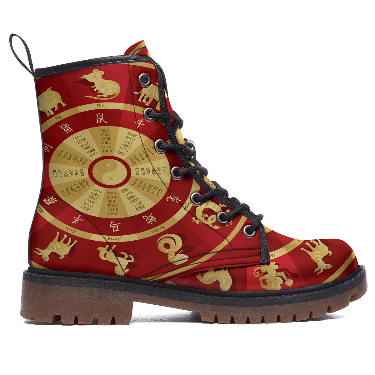 Zodiac Wheel Red Chinese Print Work Boots-grizzshop