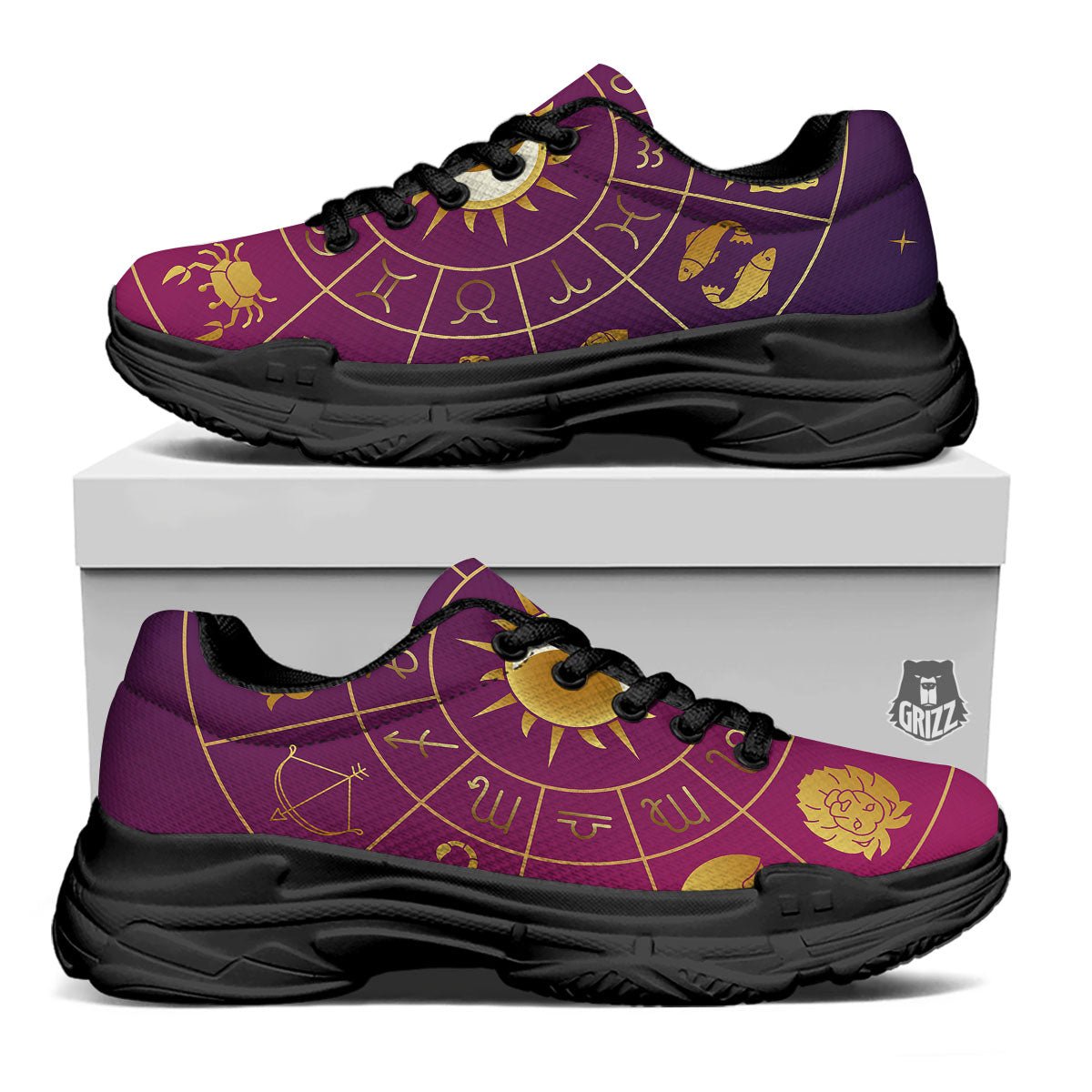 Zodiac Wheel Symbols Print Black Chunky Shoes-grizzshop