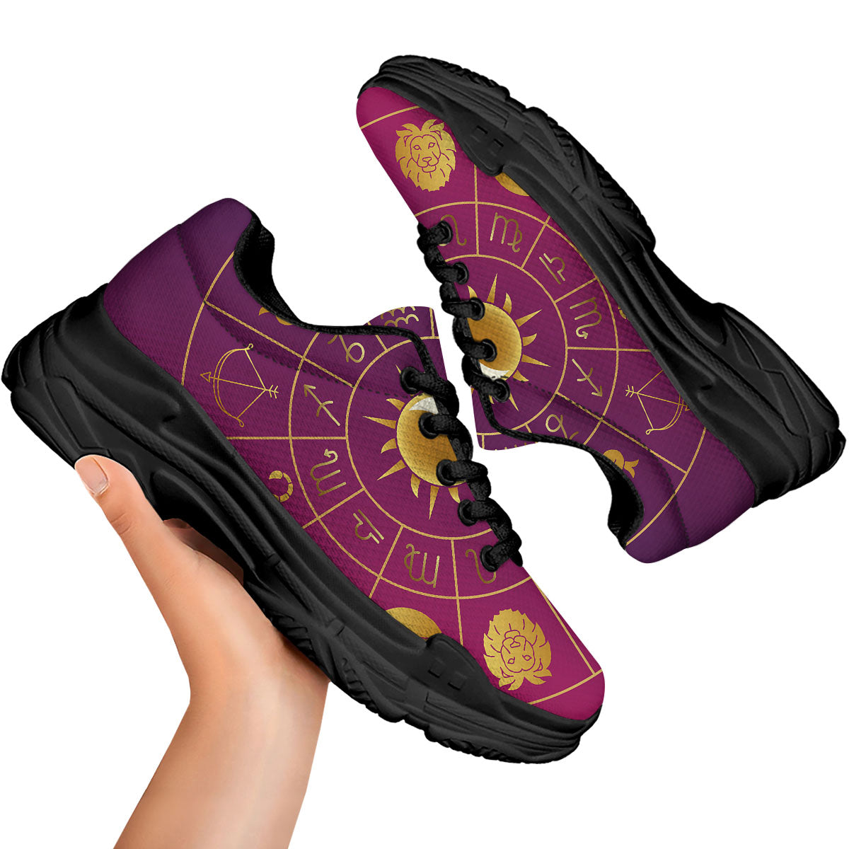 Zodiac Wheel Symbols Print Black Chunky Shoes-grizzshop