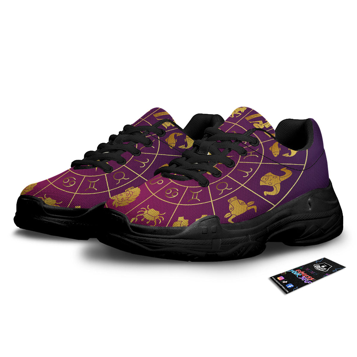 Zodiac Wheel Symbols Print Black Chunky Shoes-grizzshop