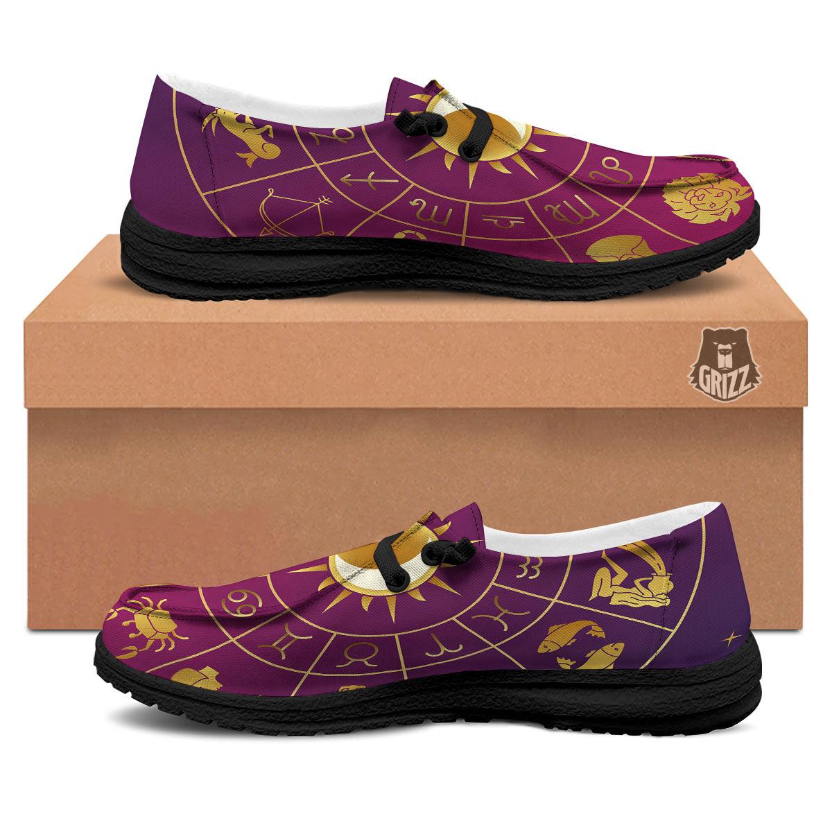 Zodiac Wheel Symbols Print Black Loafers-grizzshop