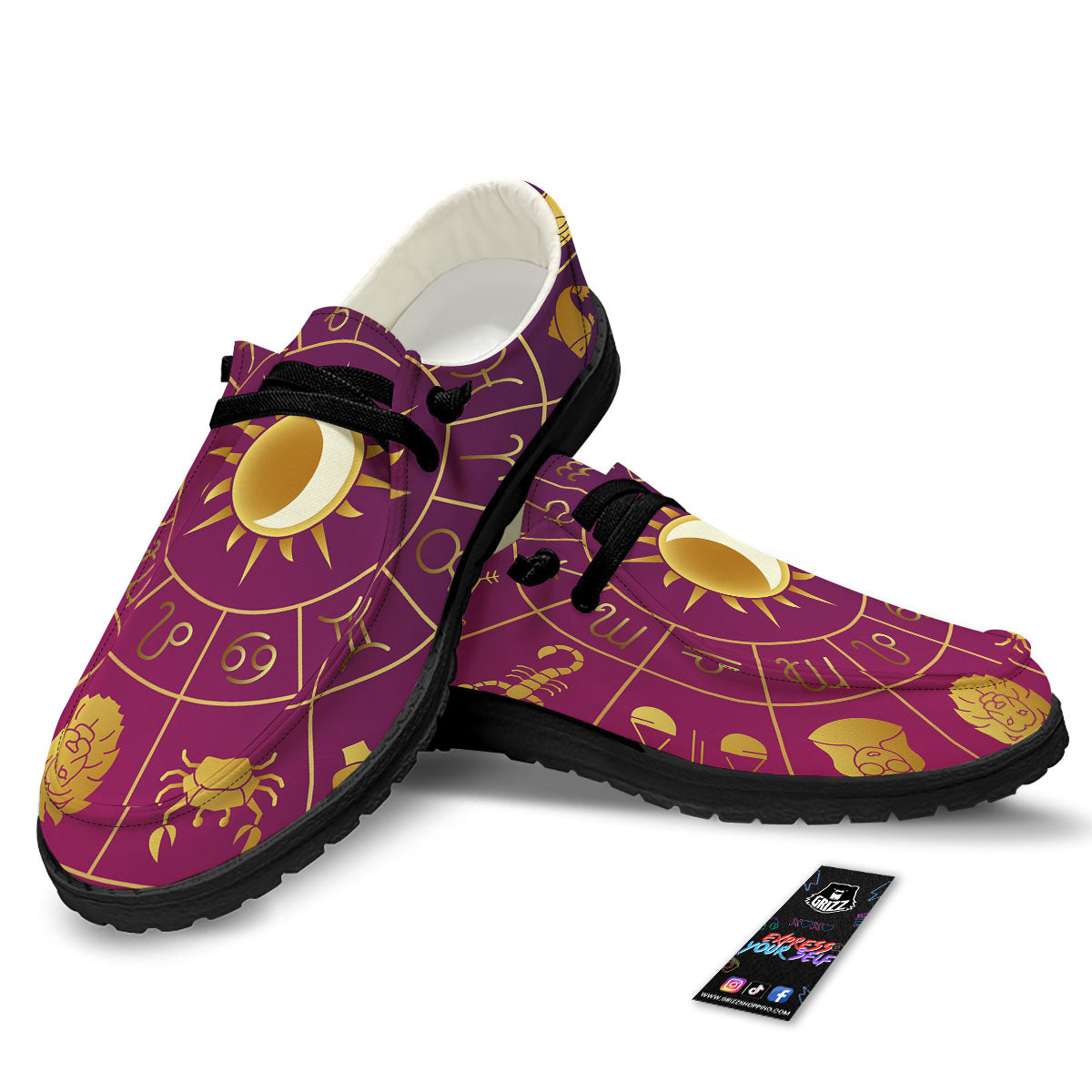 Zodiac Wheel Symbols Print Black Loafers-grizzshop
