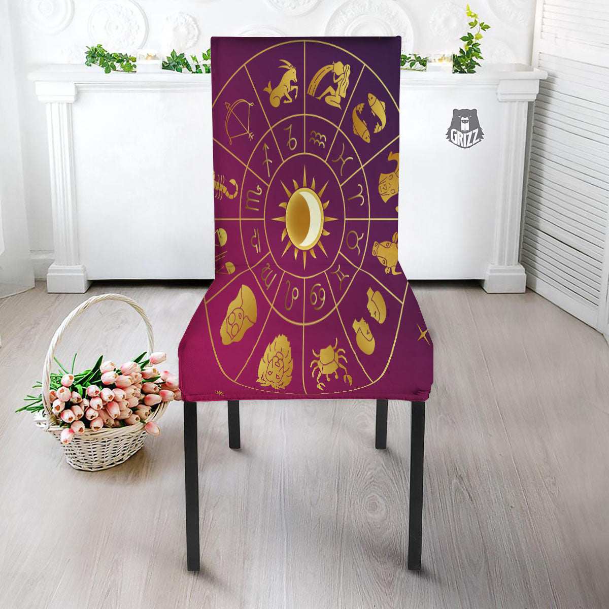 Zodiac Wheel Symbols Print Dining Chair Slipcover-grizzshop