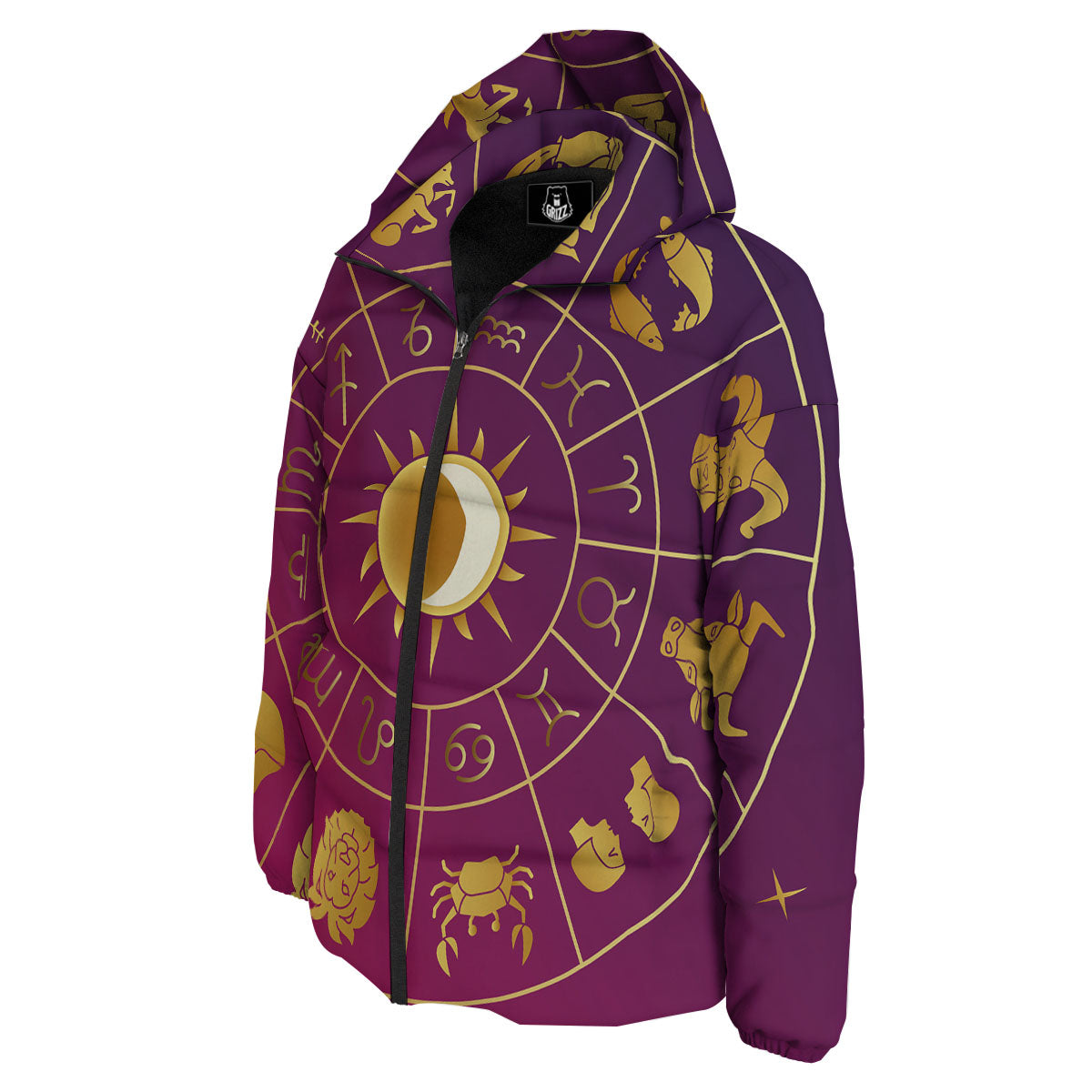 Zodiac Wheel Symbols Print Down Jacket-grizzshop