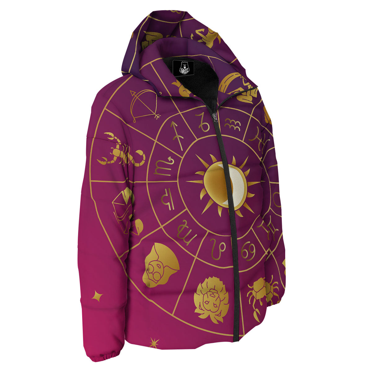 Zodiac Wheel Symbols Print Down Jacket-grizzshop
