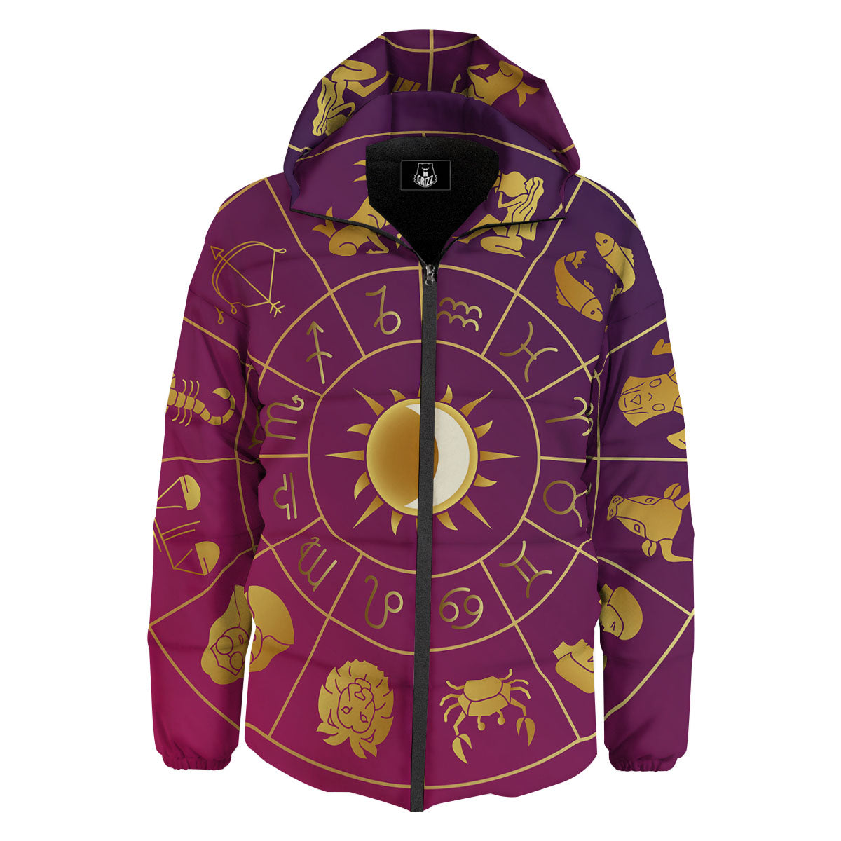 Zodiac Wheel Symbols Print Down Jacket-grizzshop