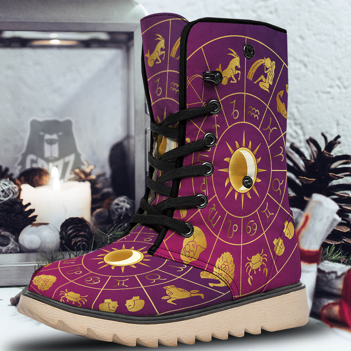 Zodiac Wheel Symbols Print Snow Boots-grizzshop