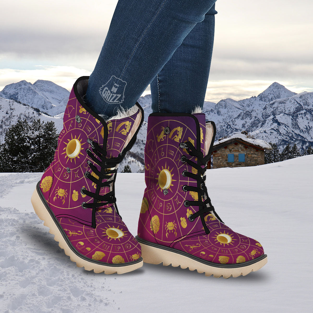 Zodiac Wheel Symbols Print Snow Boots-grizzshop