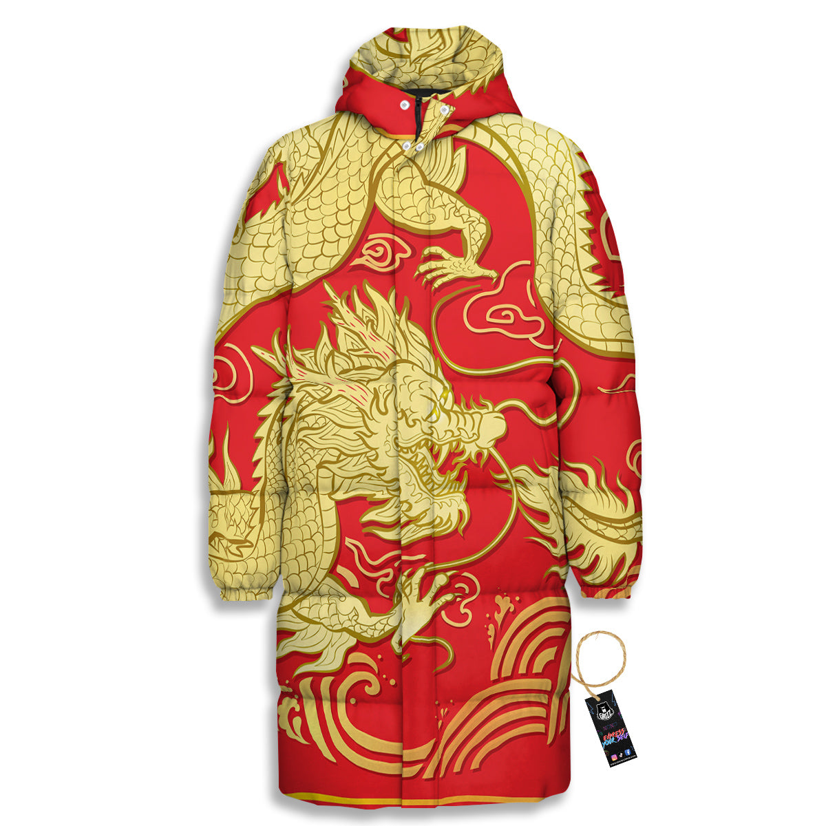 Zodiac Sign Chinese Dragon Print Long Down Jacket