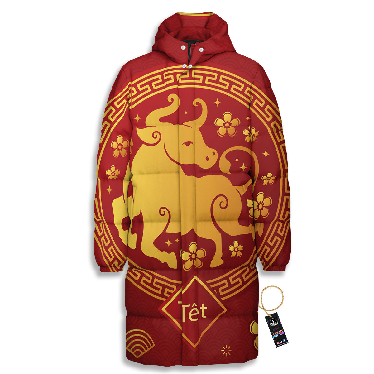 Zodiac Sign Chinese Ox Print Long Down Jacket