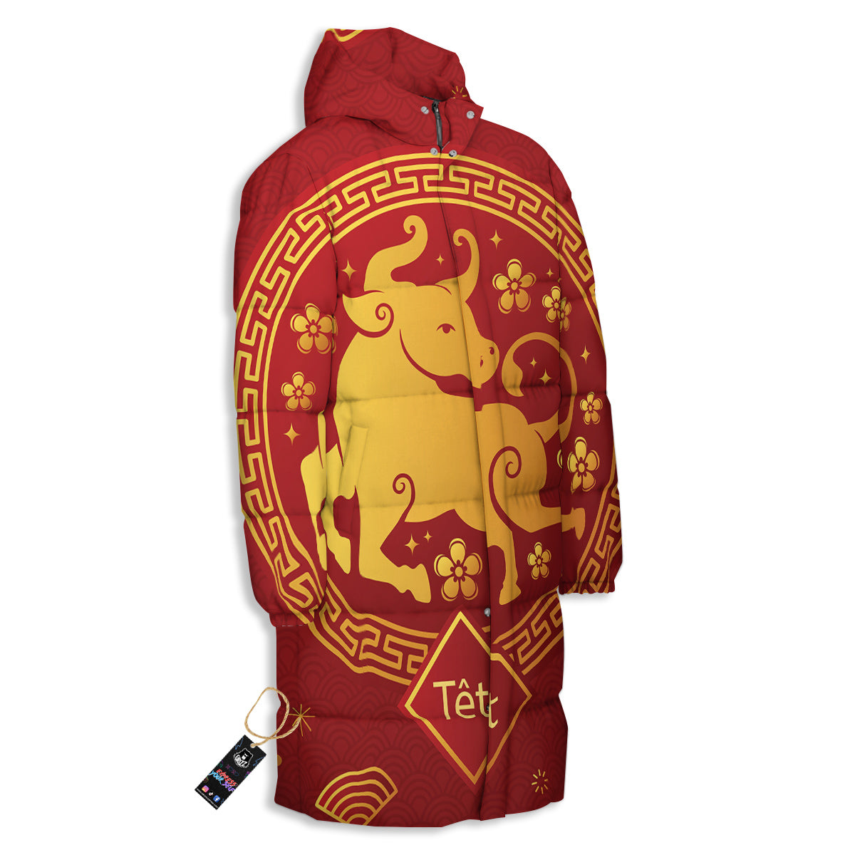 Zodiac Sign Chinese Ox Print Long Down Jacket