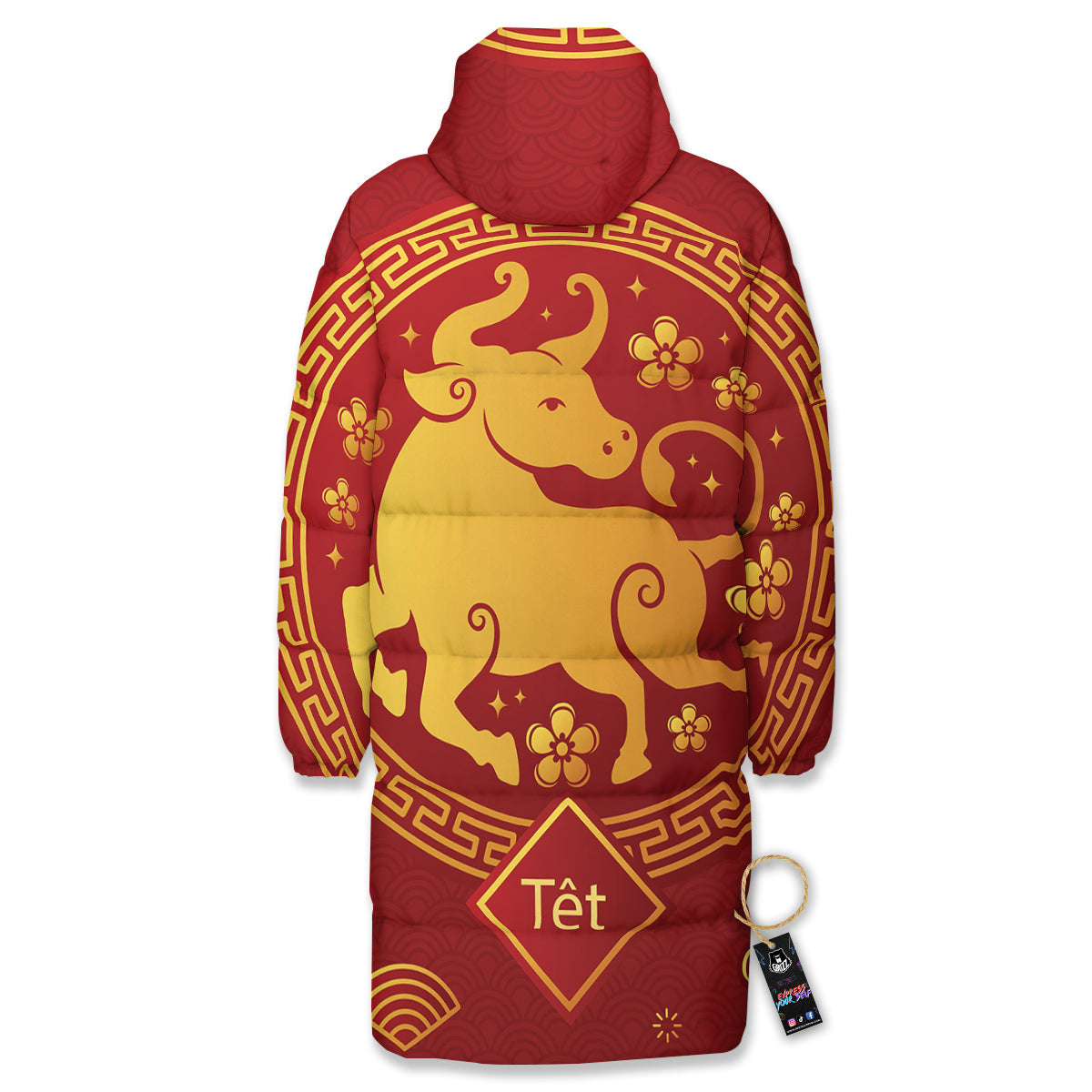 Zodiac Sign Chinese Ox Print Long Down Jacket