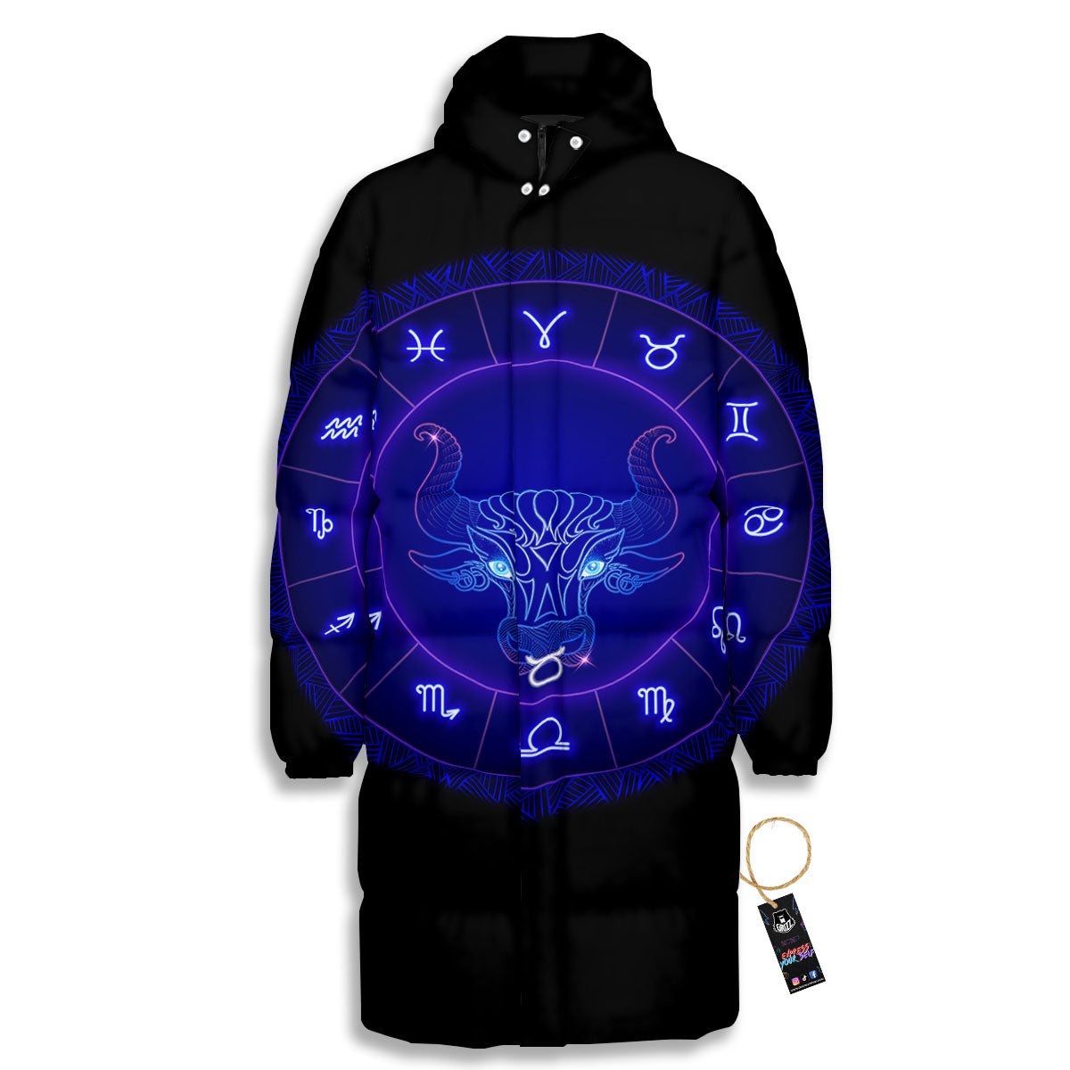 Zodiac Sign Dark Taurus Print Long Down Jacket