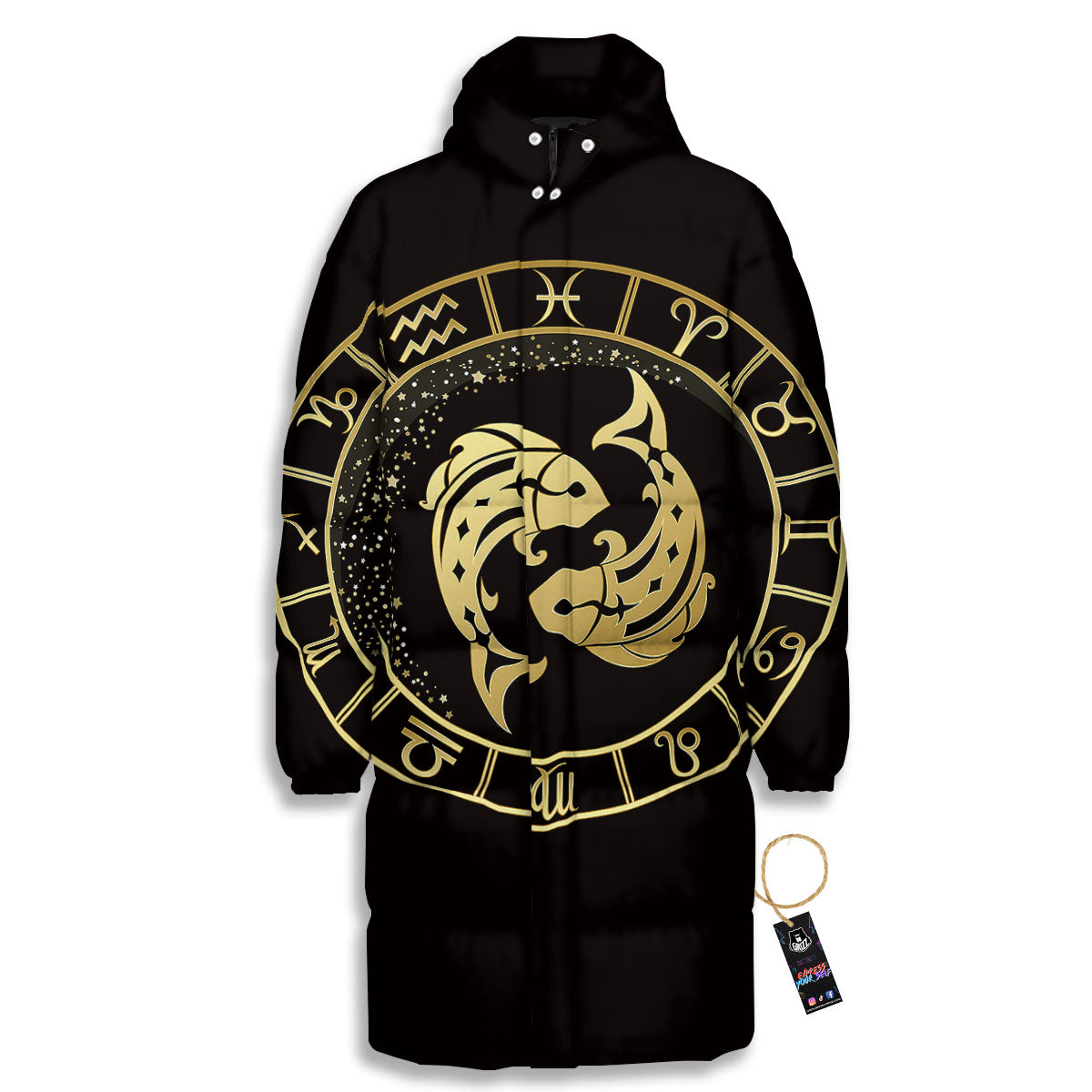 Zodiac Sign Golden Pisces Print Long Down Jacket