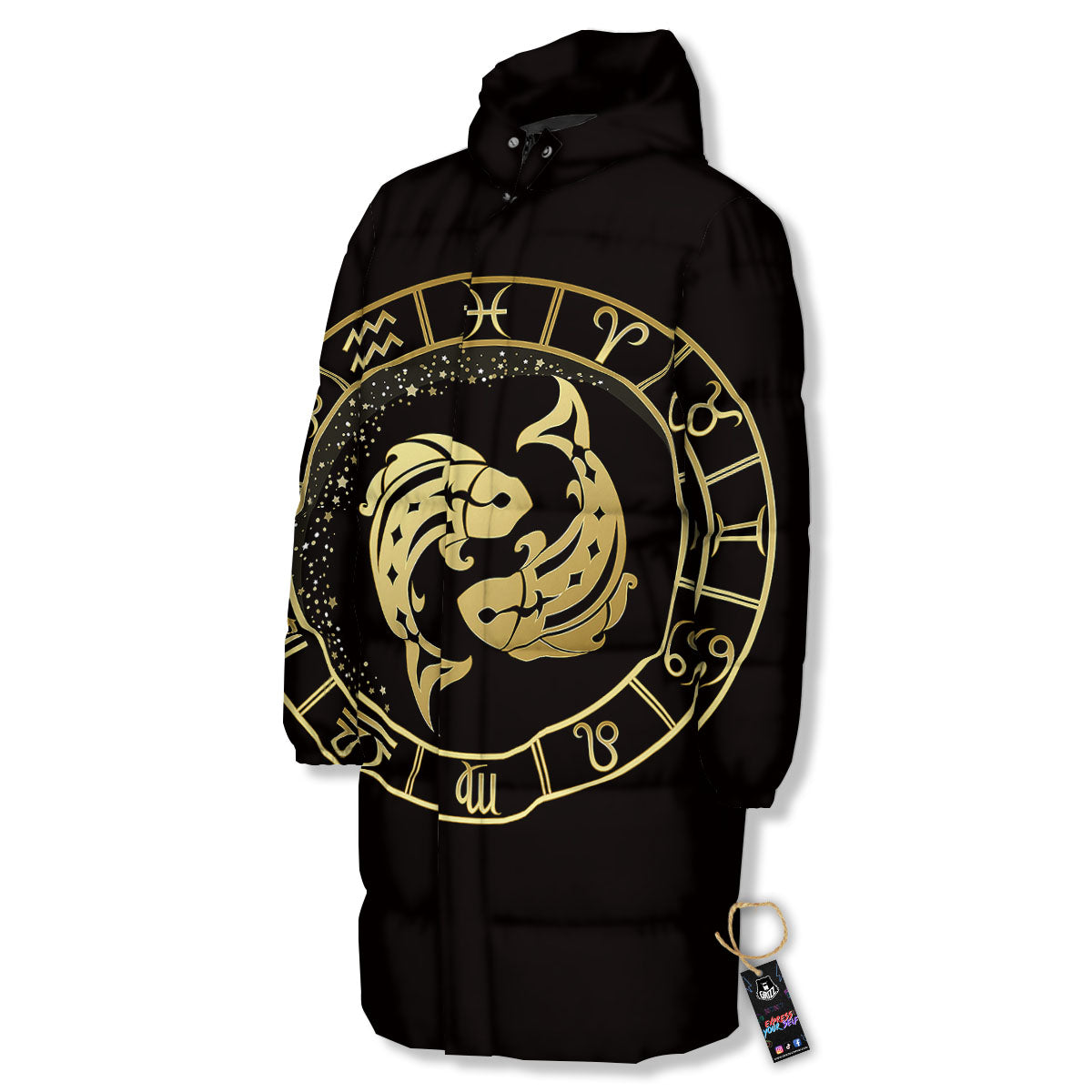 Zodiac Sign Golden Pisces Print Long Down Jacket