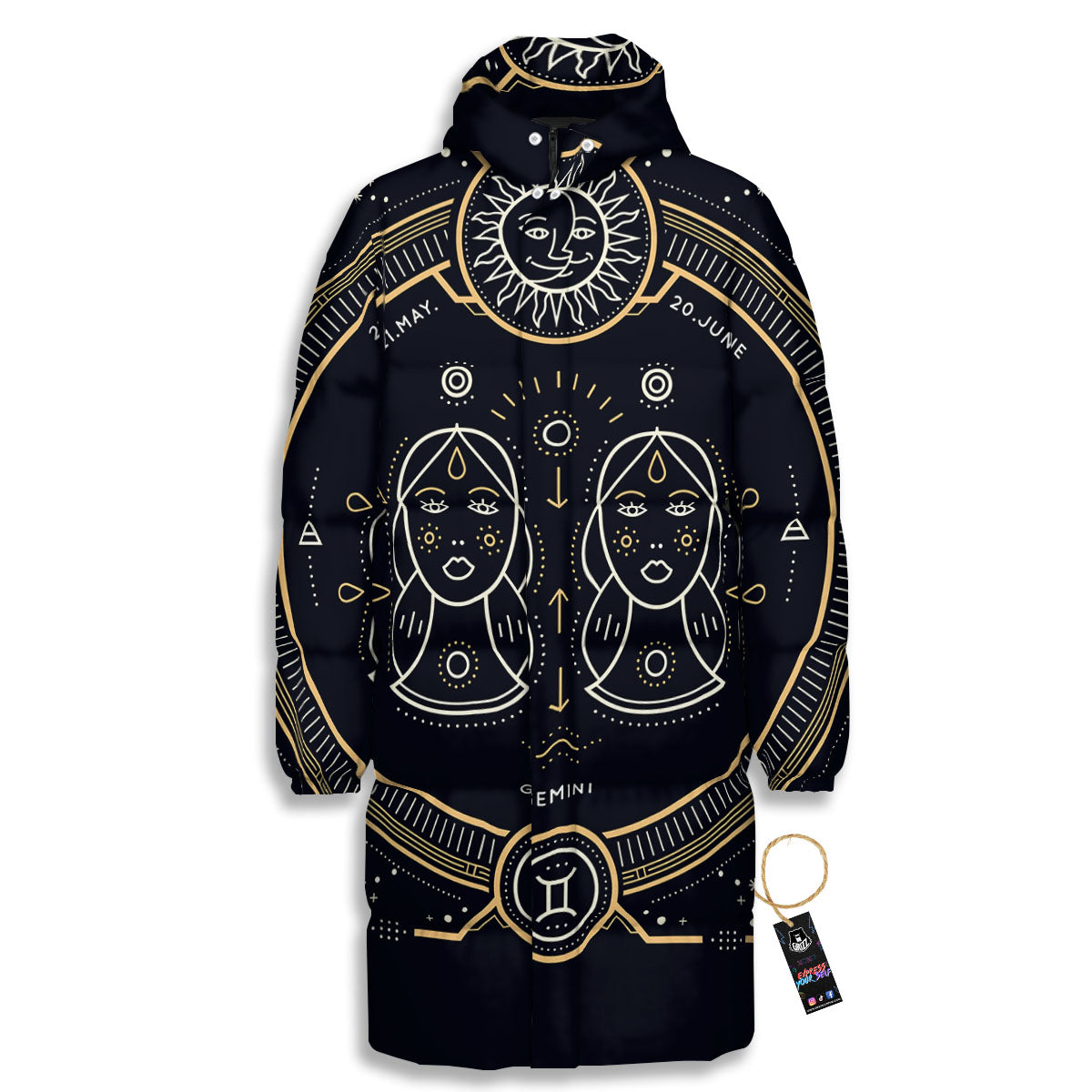 Zodiac Sign Vintage Gemini Print Long Down Jacket