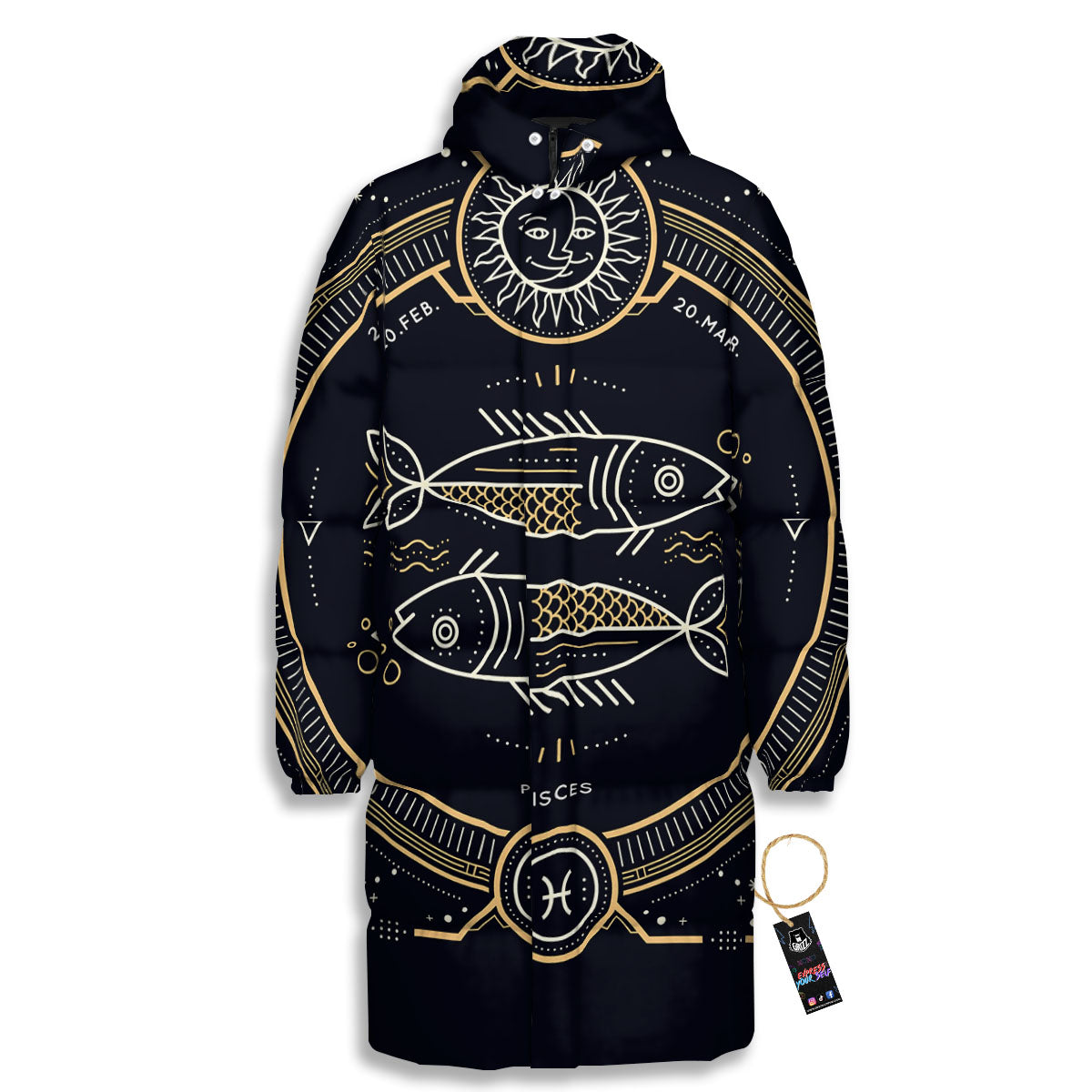 Zodiac Sign Vintage Pisces Print Long Down Jacket