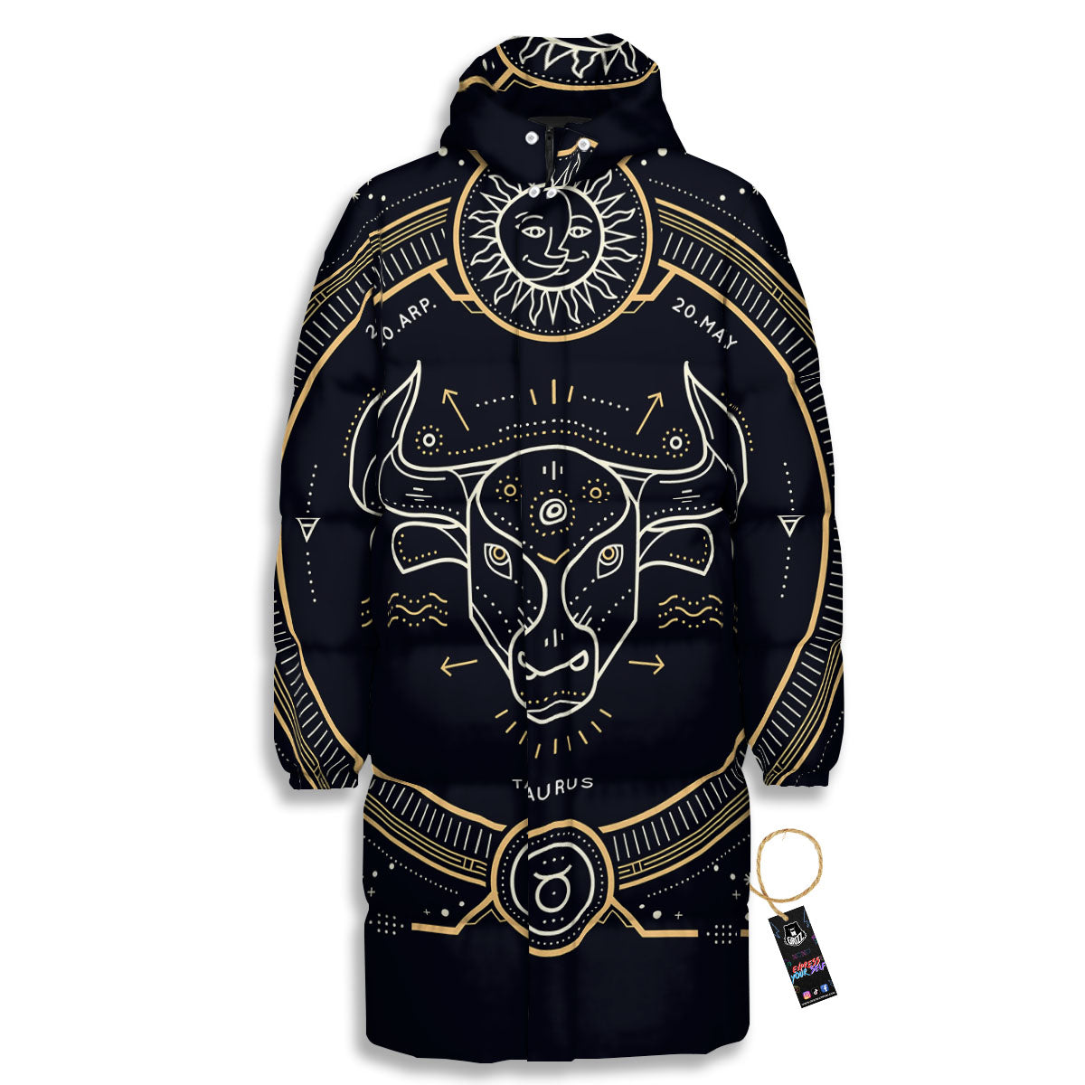 Zodiac Sign Vintage Taurus Print Long Down Jacket
