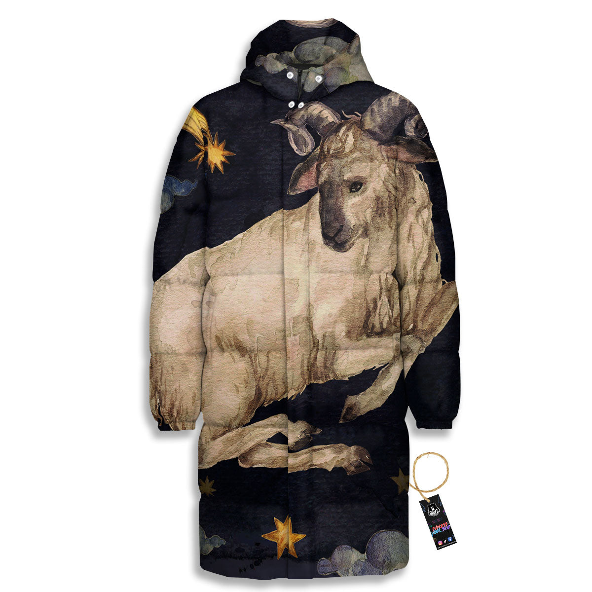Zodiac Sign Watercolor Aries Print Long Down Jacket