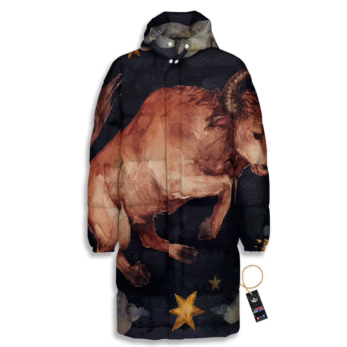 Zodiac Sign Watercolor Taurus Print Long Down Jacket