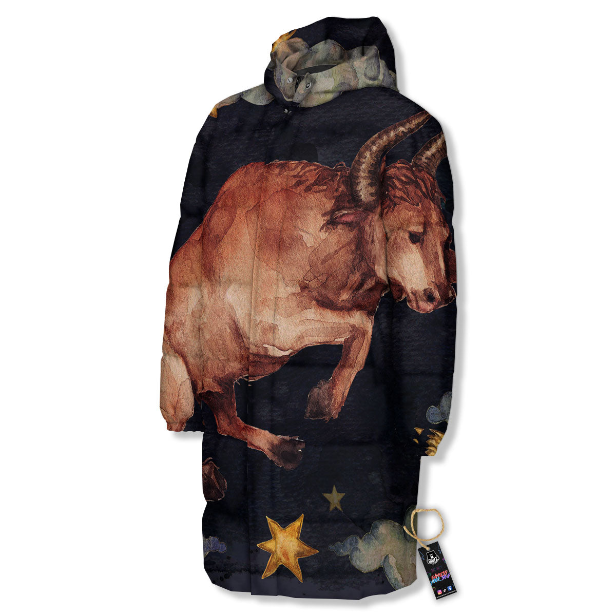 Zodiac Sign Watercolor Taurus Print Long Down Jacket