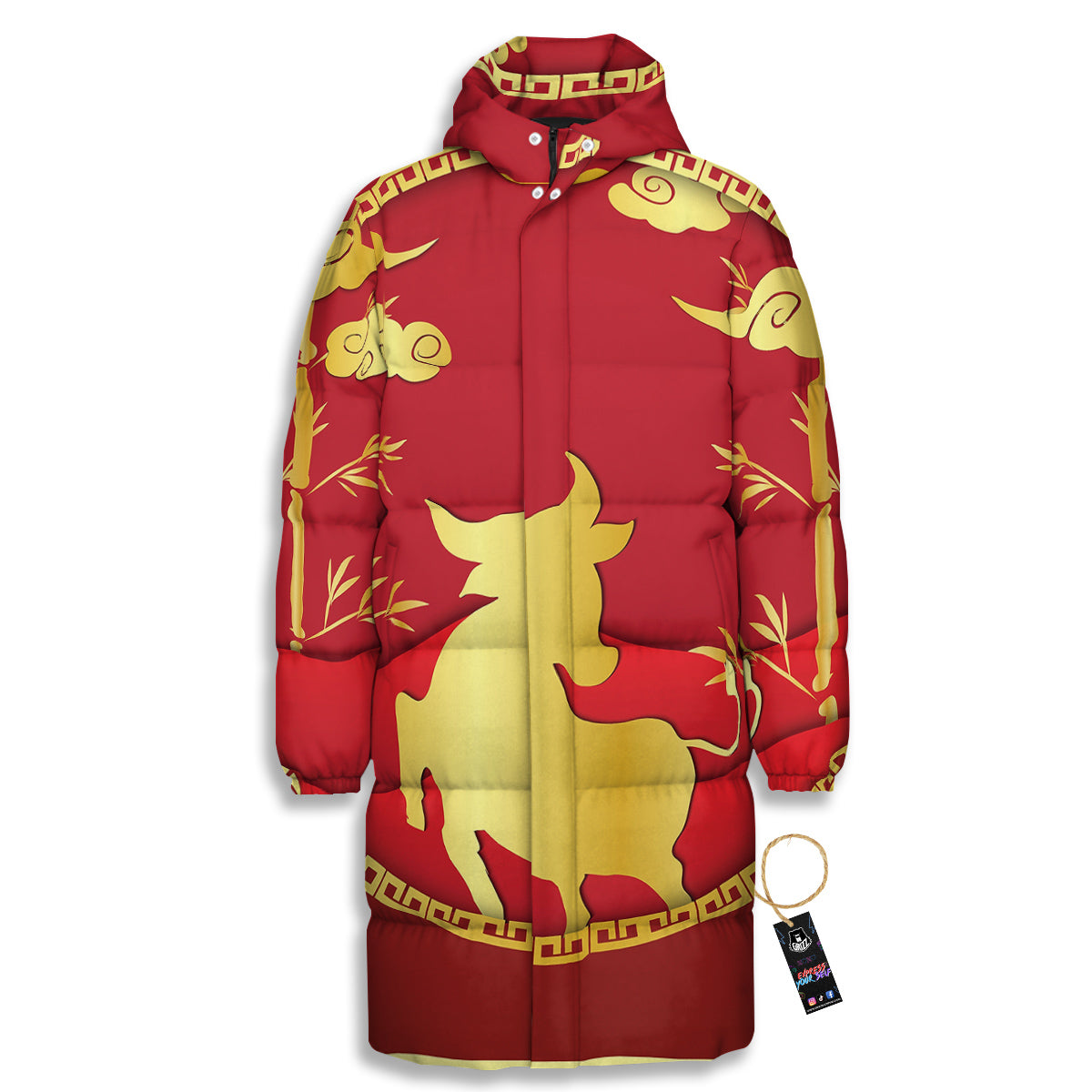 Zodiac Symbol Chinese Ox Print Long Down Jacket