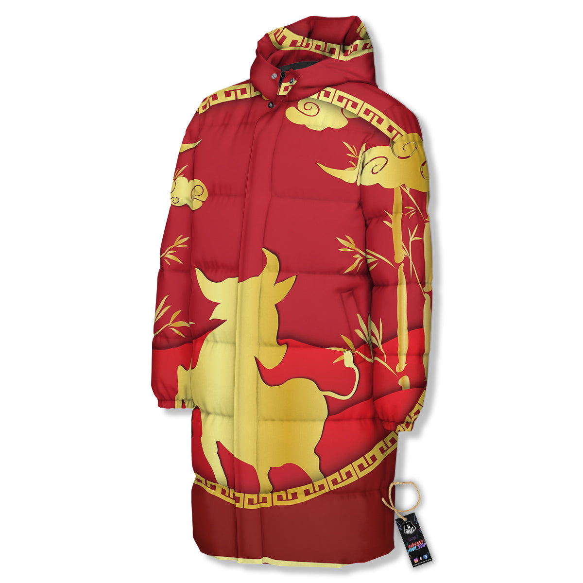 Zodiac Symbol Chinese Ox Print Long Down Jacket