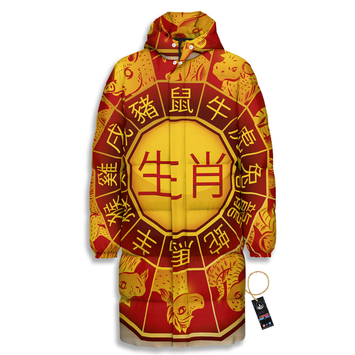 Zodiac Wheel Colourful Chinese Print Long Down Jacket