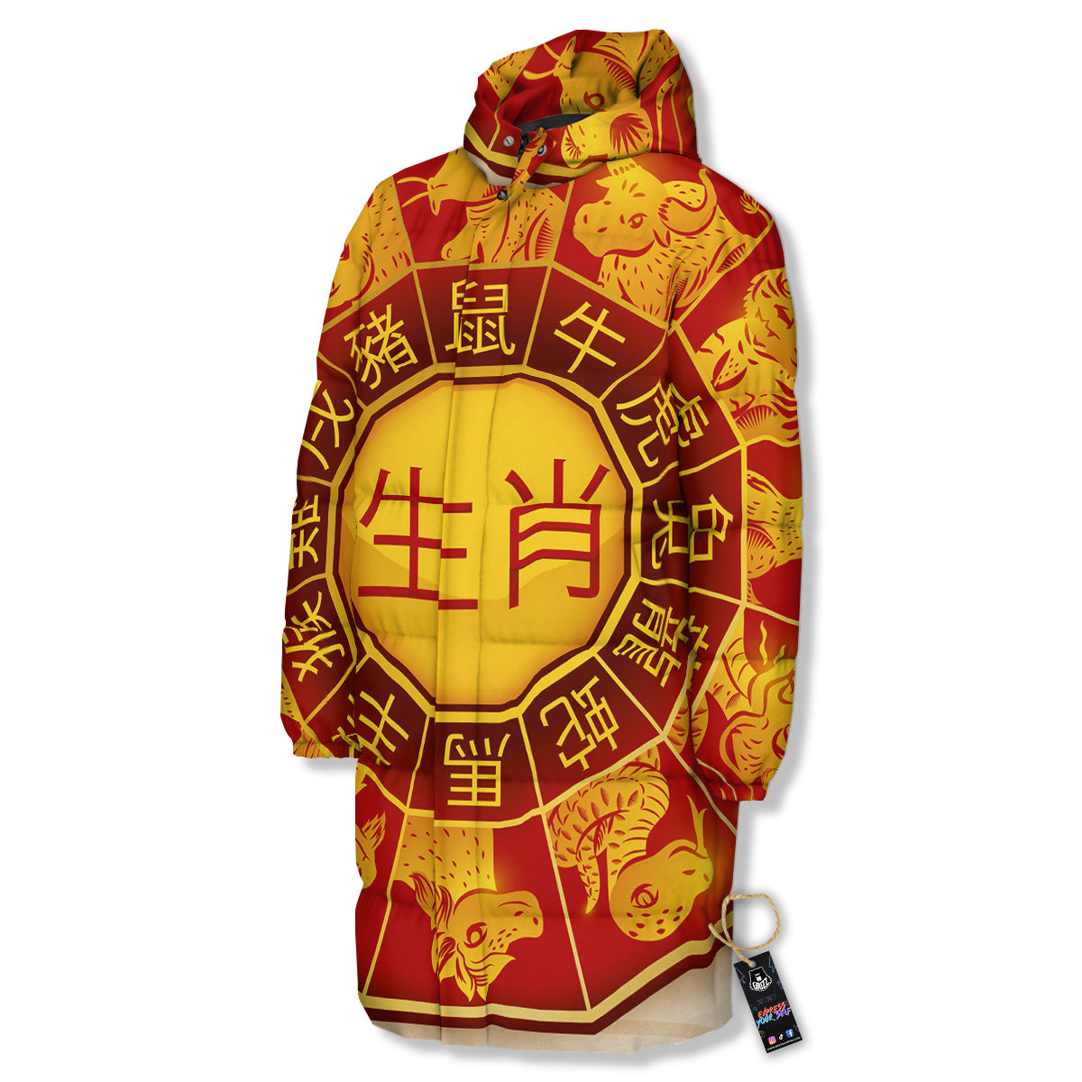 Zodiac Wheel Colourful Chinese Print Long Down Jacket